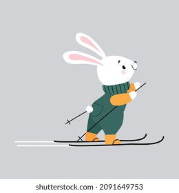 Cute Hare Animal Wearing Warm Clothes Skiing Enjoying Winter Season Vector Illustration