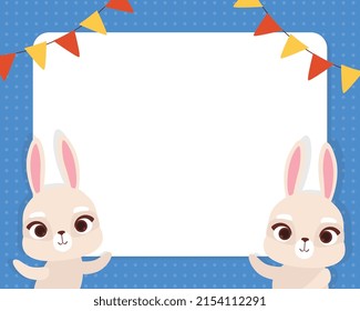 Cute Hare Animal at White Empty Board with Garland Vector Template