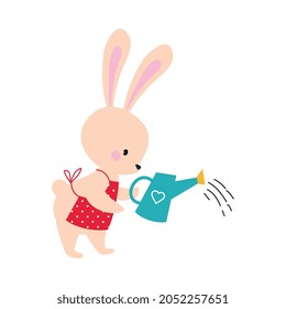 Cute Hare in Apron as Farm Animal on Ranch Watering Plant Vector Illustration