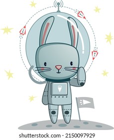 cute hare astronaut waving his hand