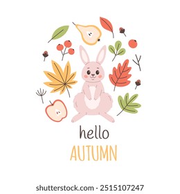 Cute hare with autumn leaves, mushrooms, fruits. Hello autumn greeting card. Vector illustration in flat style