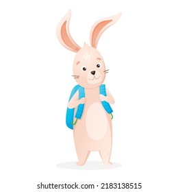 Cute hare with a backpack on his back, vector isolated cartoon illustration, back to school design element.