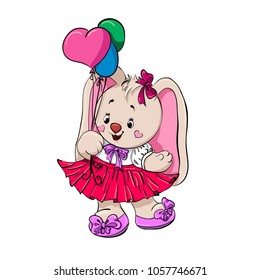 cute hare with balloons. holiday girl cheerful with bows, long ears.