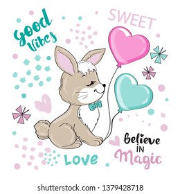 Cute hare with balloons on a white background