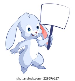 Cute hare with a banner in hand. Cartoon character. Vector clip-art illustration on a white background.