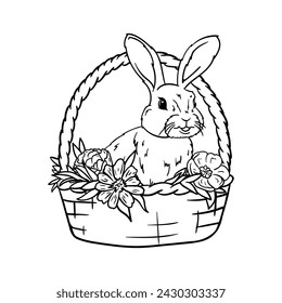 A cute hare in a basket with flowers. Coloring book, black and white illustration for Easter card, print and sticker