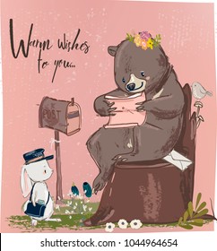 cute hare and bear with letter