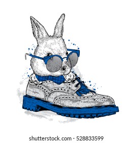 Cute hare in a beautiful shoe. Vector illustration for a card or poster. Print on clothes. Cute rabbit.