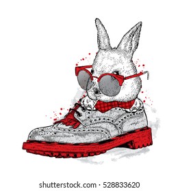 Cute hare in a beautiful shoe. Vector illustration for a card or poster. Print on clothes. Cute rabbit.