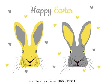 Cute hare with big ears on a postcard for Easter Day. Happy Easter. Illuminating and Ultimate gray. Vector illustration.