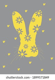 Cute hare with big ears on a postcard for Easter Day. Happy Easter. Illuminating and Ultimate gray. Vector illustration.