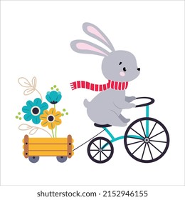 Cute Hare Biking or Cycling Riding Bicycle Pulling Trolley with Flowers Vector Illustration