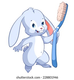 Cute hare with blue toothbrush. Cartoon character. Vector clip-art illustration on a white background.