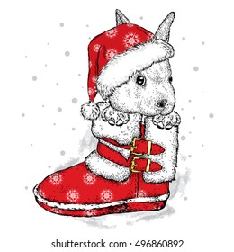Cute hare in the boot and hat. Vector illustration for greeting card, poster, or print on clothes. New Year's and Christmas.