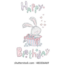 Cute hare in the box. Birthday gift. Vector illustration for a card or poster. Print on clothes.