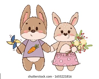 Cute hare and bunny in hand drawn style. Little vintage characters for children's books, fairy tales, wallpapers, print, textile, fabric, cotton, poster, children. Vector illustration rabbits.