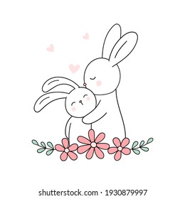 Cute hare and bunny. Mama rabbit and baby rabbit. Love mom. Mother's Day greeting card. Vector illustration. Isolated on white. Good for t shirts, postcards.