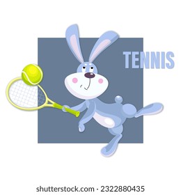 Cute hare. Bunny tennis player. Vector rabbit with racket, tennis ball plays tennis. Cartoon animal 