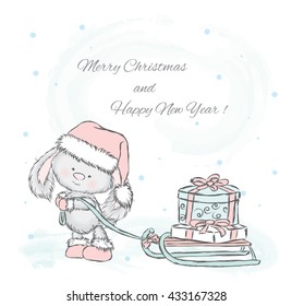 Cute hare carries gifts on sledge. Christmas card with a rabbit. Vector illustration.