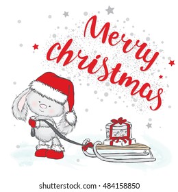 Cute hare carries gifts on sledge. Christmas card with a rabbit. Vector illustration. Lettering.