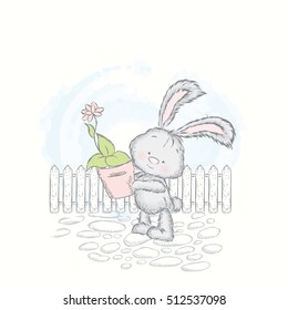 Cute hare carries a pot of flower. Charming rabbit. Vector illustration for a card or poster. Print on clothes.