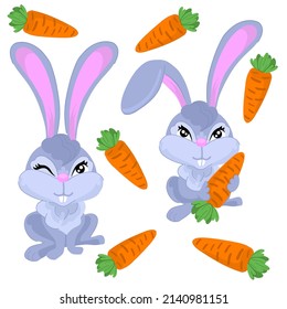 Cute hare with a carrot. Rabbit character on white background. Easter bunny children's illustration.