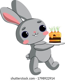 A cute hare is carrying a carrot cake. Baker rabbit and bunny vector. Happy birthday.