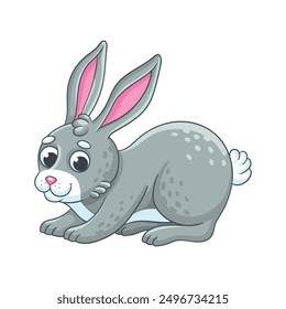 Cute hare in cartoon style. Gray funny rabbit. Vector on white background.