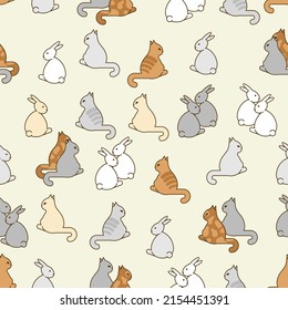 Cute hare and cat pattern seamless. pretty rabbit and kitten background. Baby fabric texture