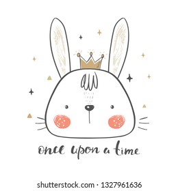 cute hare with crown.cartoon hand drawn vector illustration. Can be used for baby t-shirt print, fashion print design, kids wear, baby shower celebration greeting and invitation card.