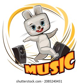Cute Hare dancing. Cartoon style. Loud music from speakers. Dance of a funny Rabbit animal child. Illustration for children. Isolated over white background. Vector.