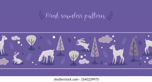 Cute hare and deer in the forest on a blue background. Children's textile print, seamless pattern, frame