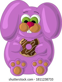 Cute hare with donut in cartoon style