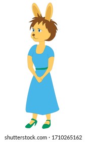 A cute hare in a dress is standing. Funny cartoon character isolated on a white background.