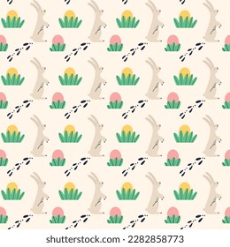 Cute hare with Easter egg bush pattern. Spring seamless background for print, textile, wrapping paper, fabric. Flat surface design