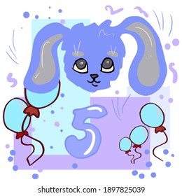 Cute hare face with number 5 and cute hand-drawn balloons and lines. Hand-drawn character. Vector image.