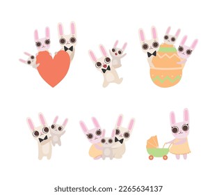 Cute Hare Family with Mother, Father and Cub Vector Set