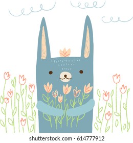 Cute hare with flowers on white isolated background. Vector illustration in cartoon style for print design of children's banners, postcards, posters, booklets.