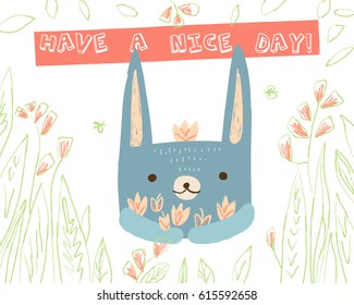 Cute hare with flowers on white background with floral elements. Vector greeting card in cartoon style for print design of children's banners, postcards, posters, booklets.