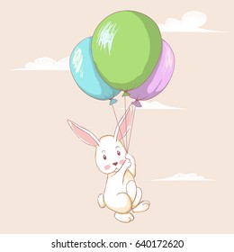 Cute hare flying with balloons.Funny rabbit.Cartoon childish vector illustration like a watercolor drawing