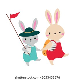 Cute Hare as Forest Animal in Jumpsuit Walking with Backpack and Flag on Pole Vector Illustration