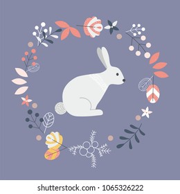 Cute hare in a frame of leaves, berries and flowers. Vector scandinavian illustartion.