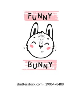 Cute Hare. Funny Bunny Head for Tee Print Design for Kids. Easter Rabbit Face. Vector Cartoon Little Baby Animal. Scandinavian Card, Print or Poster Design