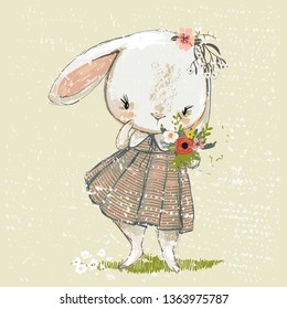 cute hare girl with flower bouquet