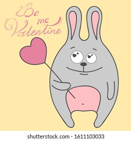 Cute hare with a heart. Be my Valentine. Vector illustration.
