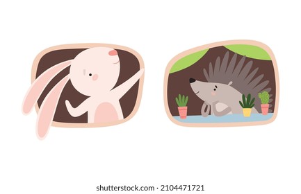 Cute Hare and Hedgehog Looking Out of Window in Their Cosy Burrow Vector Set