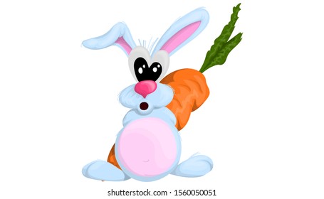 Cute hare hid behind a huge carrot on a white background. Cartoon vector illustration