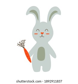 Cute hare is holding carrot in his paw. Colorful cartoon vector illustration isolated. Animal rodent baby