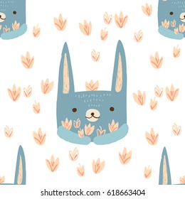 Cute hare holding flowers. Vector seamless pattern on white background. Can be used for print design, clothing, booklets, wrapping paper, wallpaper.