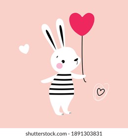 Cute Hare Holding Heart Balloon as Valentine Day Celebration Vector Illustration